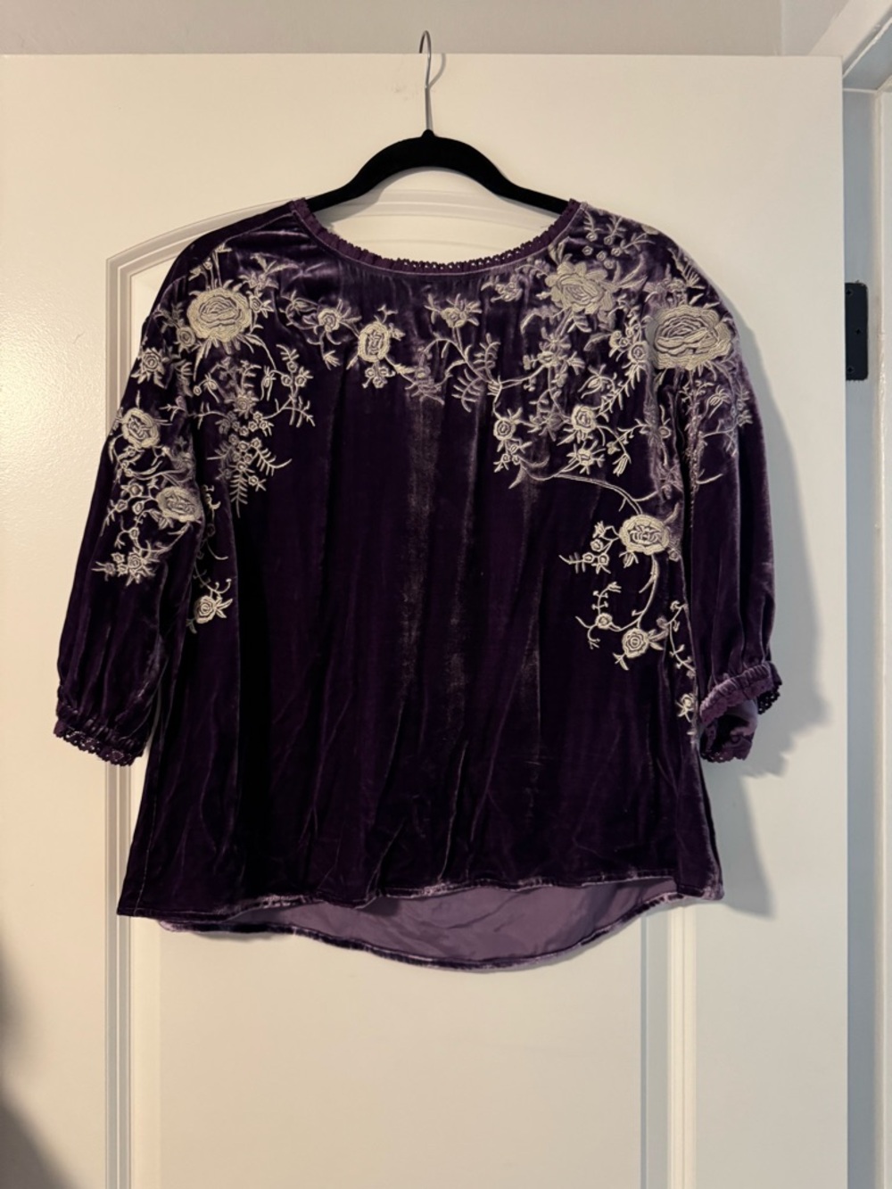 Sundance Embroidered Velvet Peasant Top in Deep Purple
